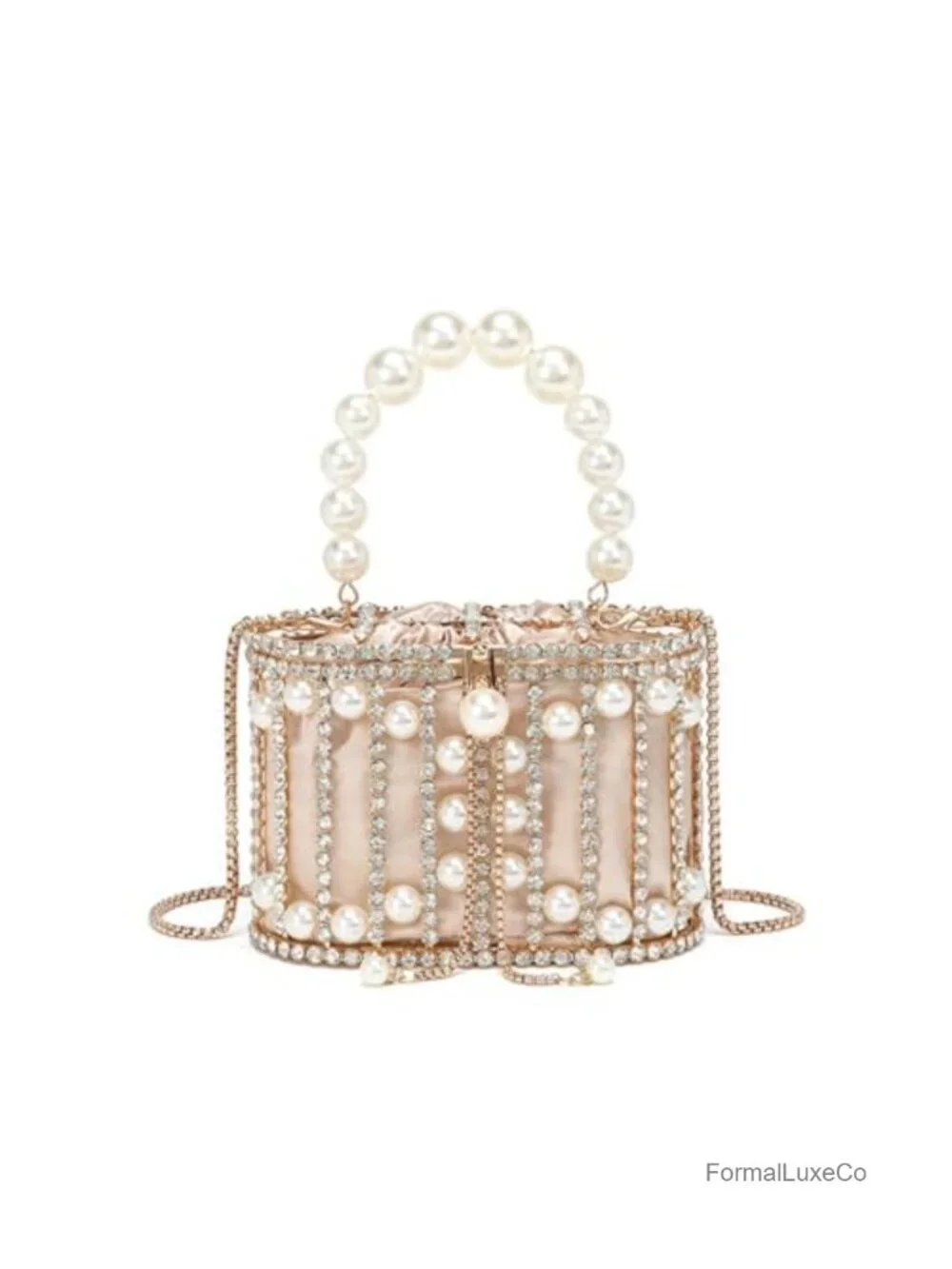 Rhinestone Cage Evening Clutch Pearl Handle Detachable Glitter Basket Handbag